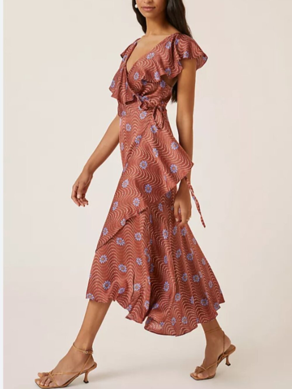 Anthropologie Ruffle-Sleeve Printed-Wrap Maxi Dress Floral Polka Dot Size Small